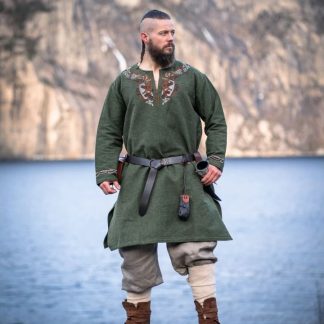 Tunique viking Snorri verte ornement rouge-orange