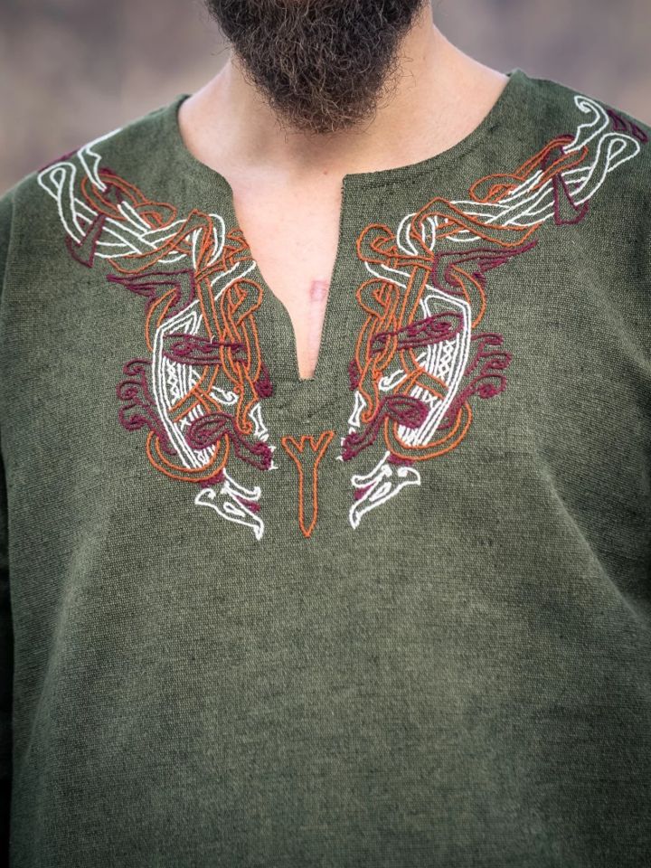 Tunique viking Snorri verte ornement rouge-orange – Image 2
