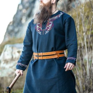 Tunique viking Snorri noire, ornement rouge-écru