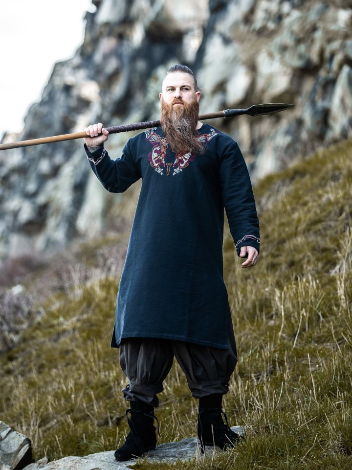 Tunique viking Snorri noire, ornement rouge-écru – Image 2